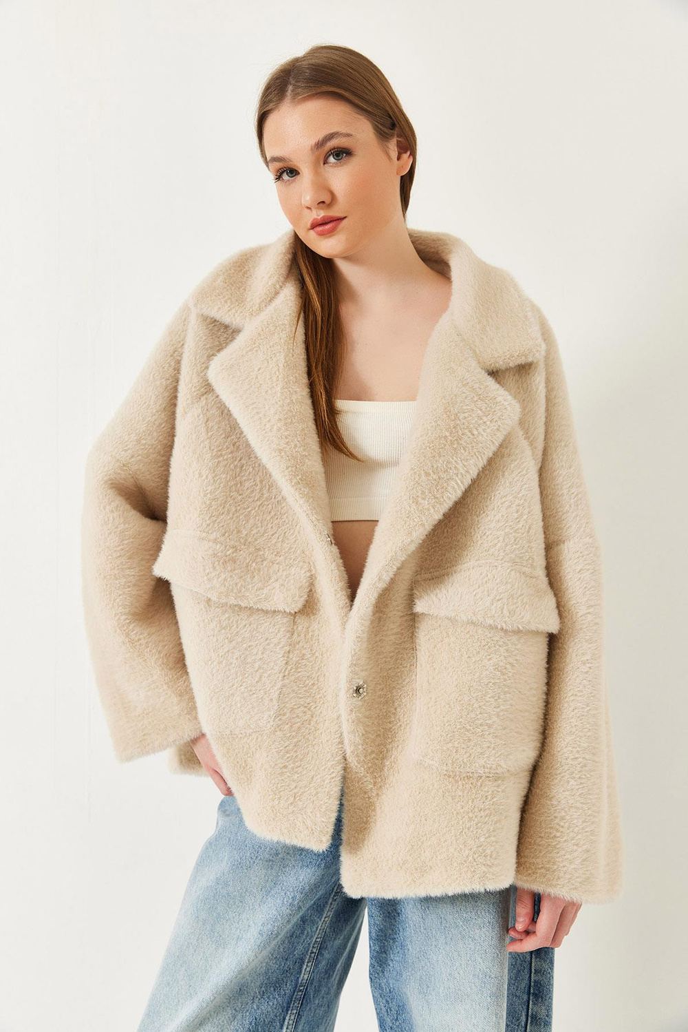 Kadın Çift Cepli Oversize Peluş Mont 1611 60261097 - Bej