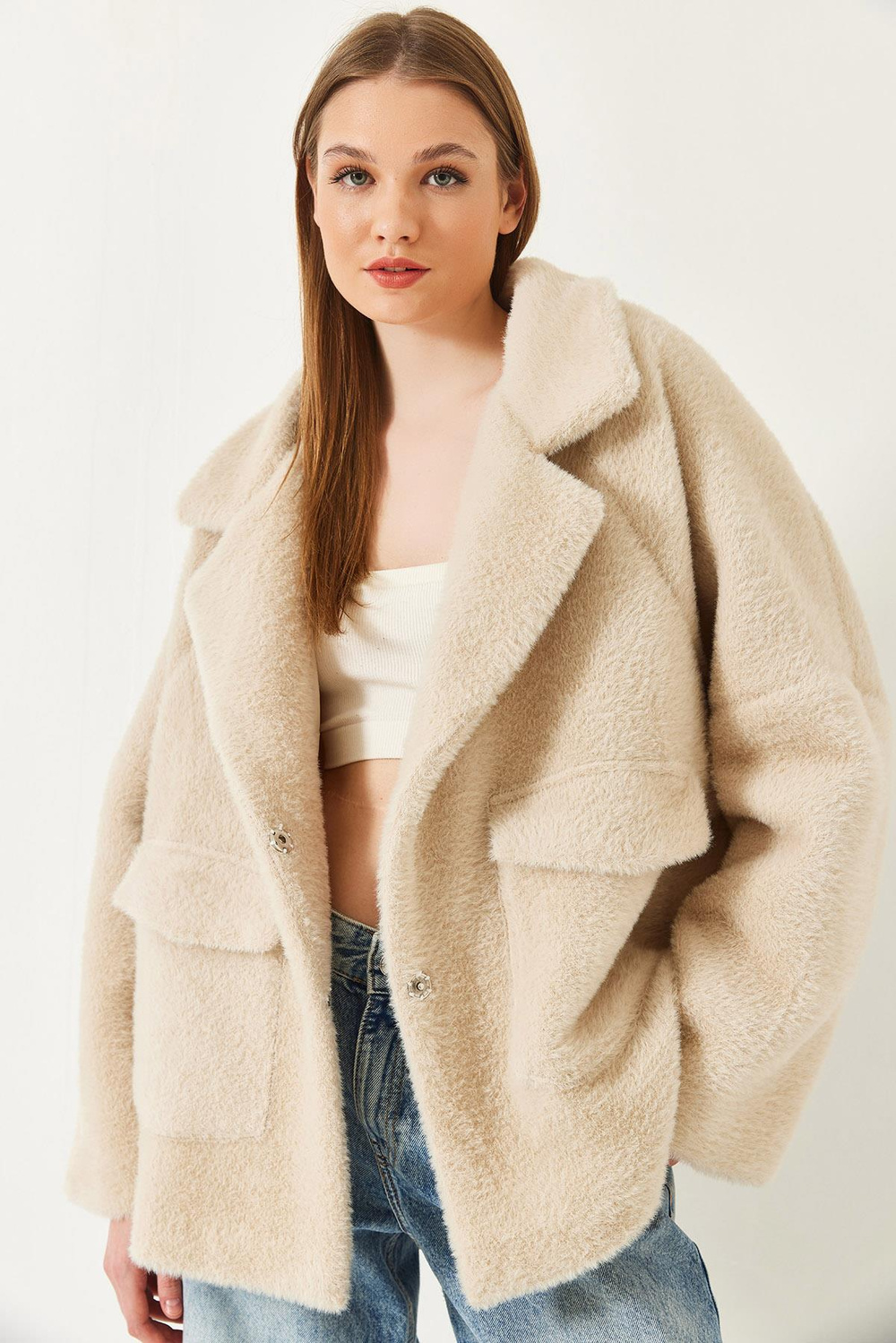 Kadın Çift Cepli Oversize Peluş Mont 1611 60261097 - Bej