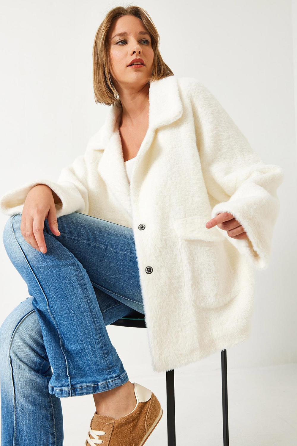 Kadın Çift Cepli Oversize Peluş Mont 1611 60261097 - Ekru