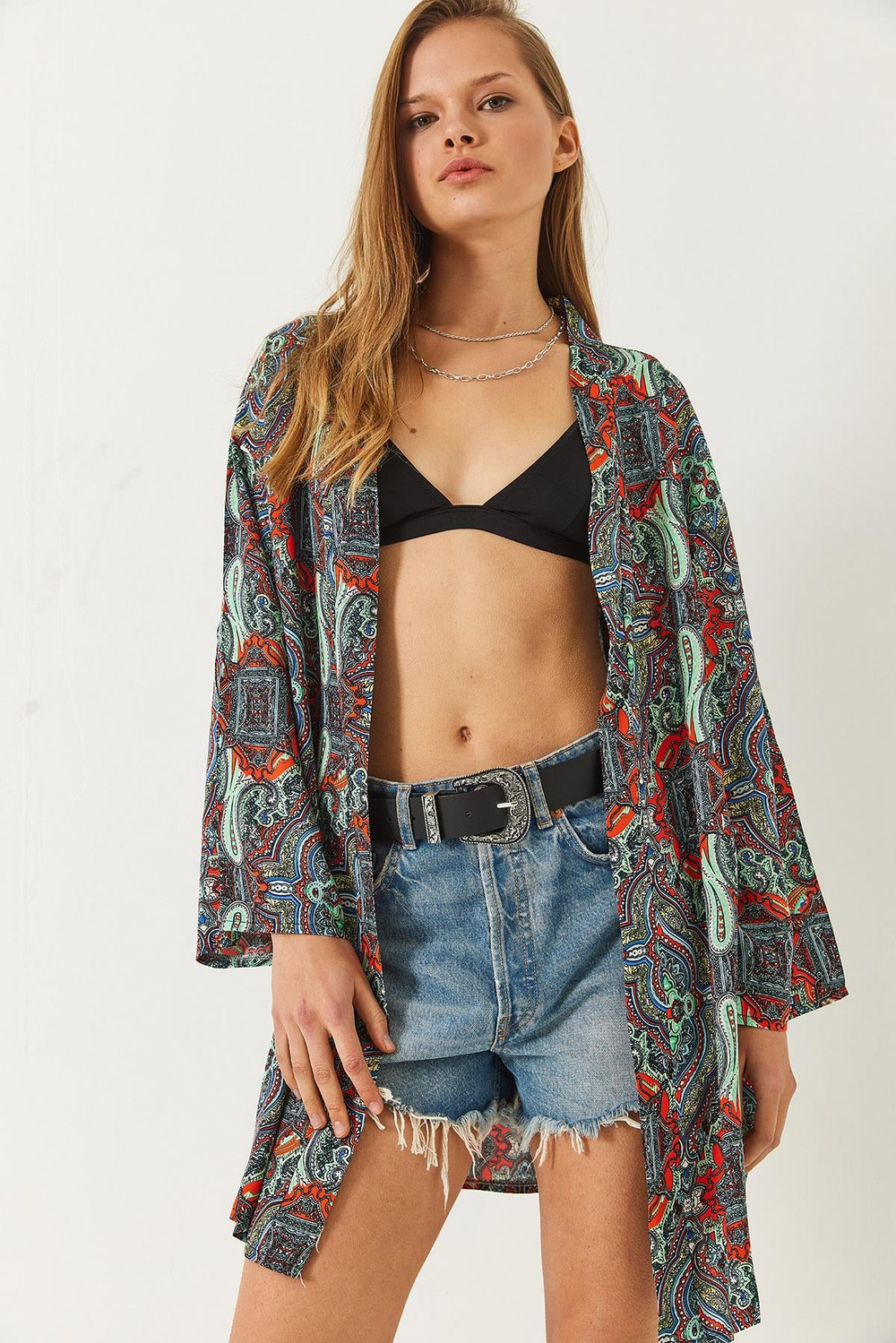 Kadın Desenli Kısa Viskon Kimono 60261495 - Çok Renkli