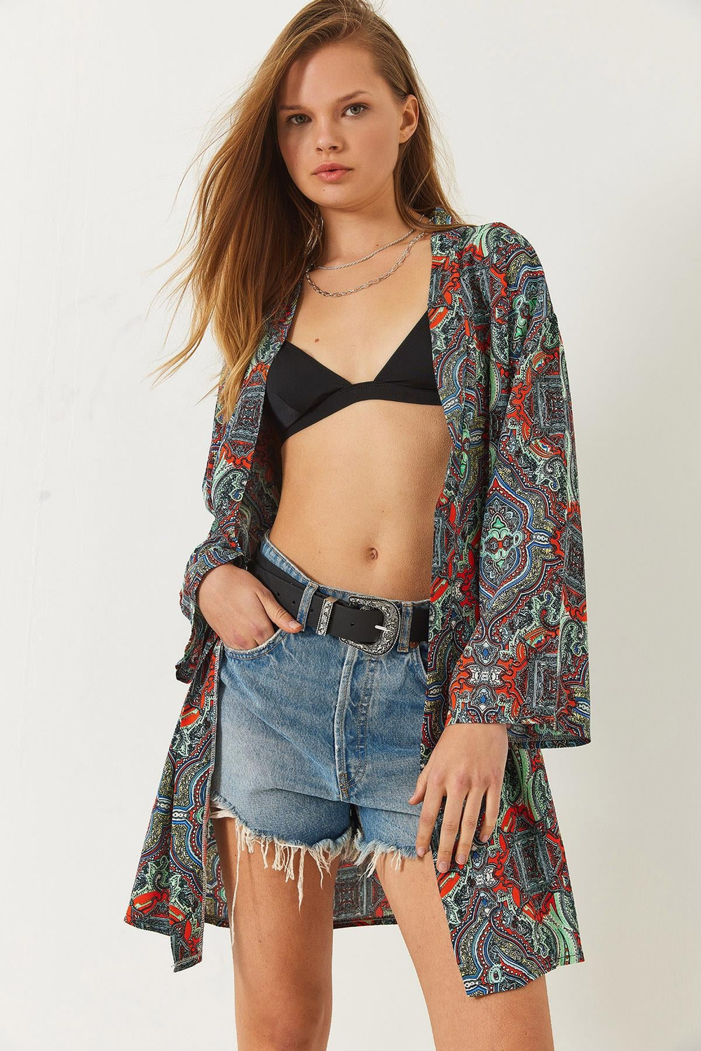Kadın Desenli Kısa Viskon Kimono 60261495 - Çok Renkli