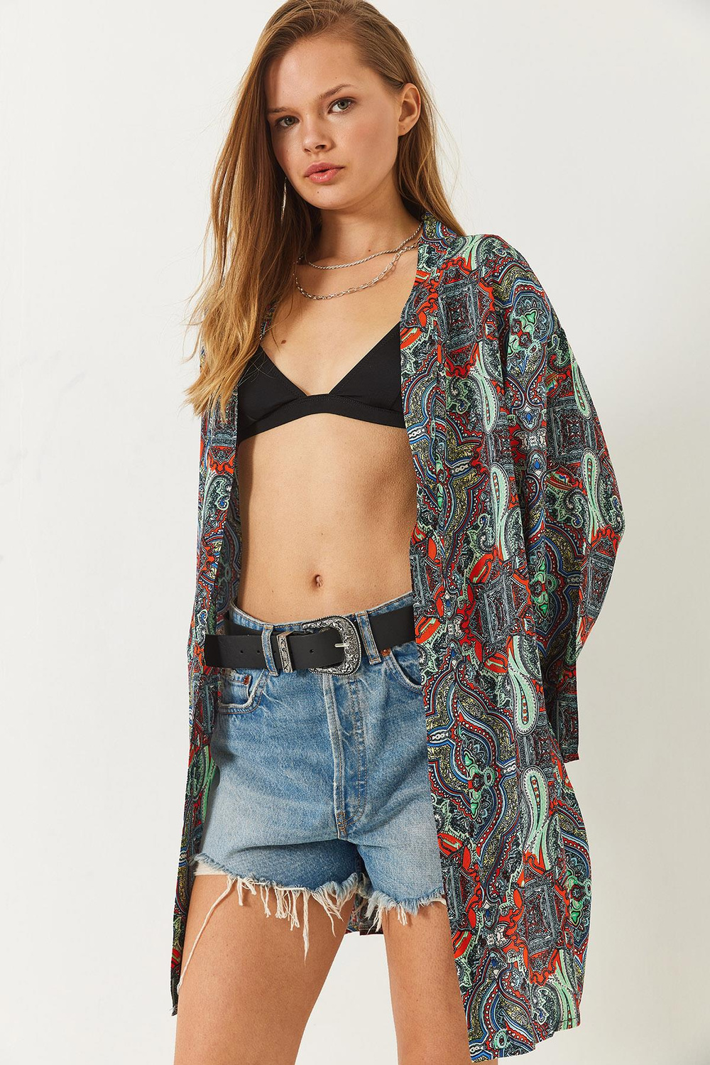 Kadın Desenli Kısa Viskon Kimono 60261495 - Çok Renkli