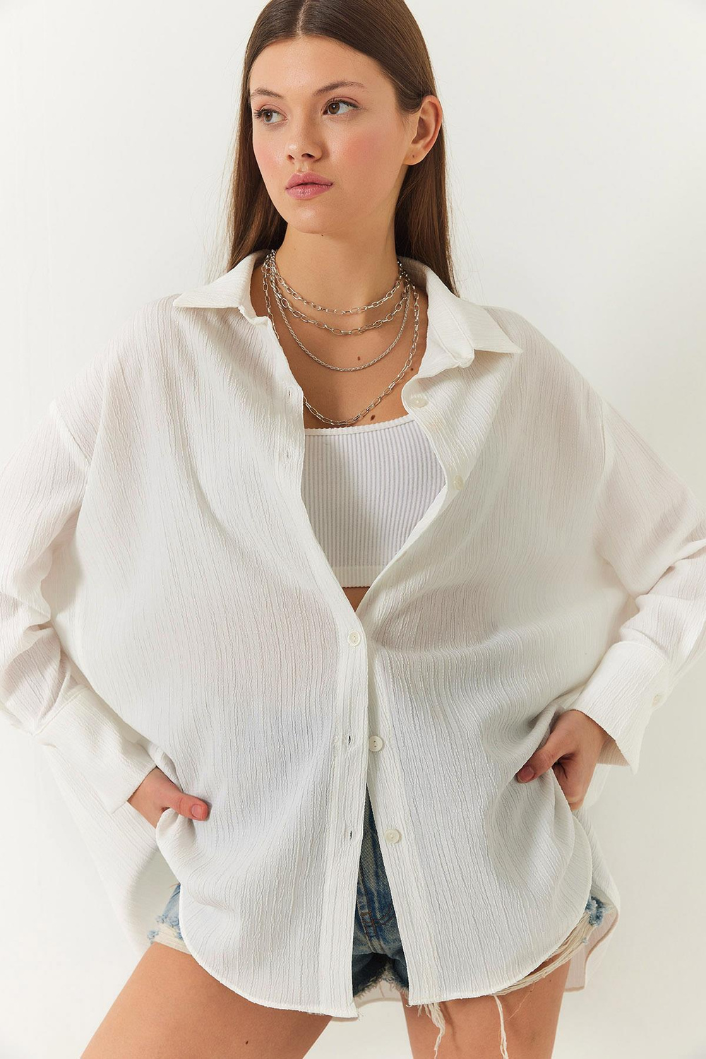 Kadın Düşük Omuz Oversize Basic Bürümcük Gömlek 60392 60271069 - Ekru