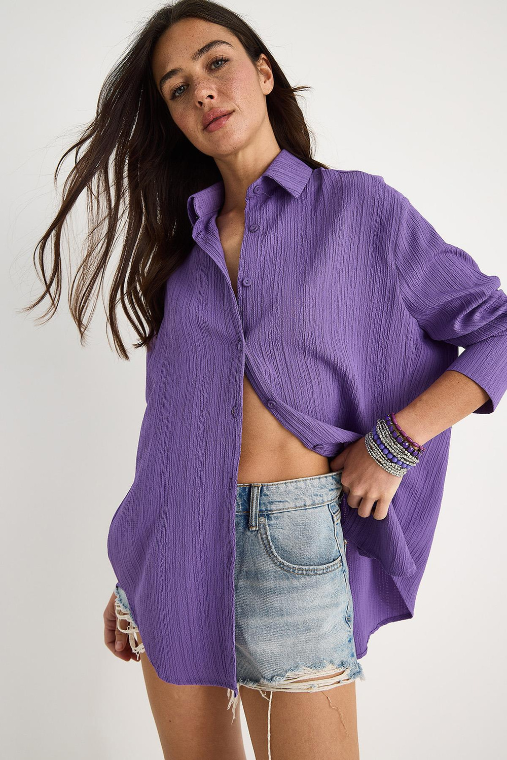 Kadın Düşük Omuz Oversize Basic Bürümcük Gömlek 60392 60271069 - Mor