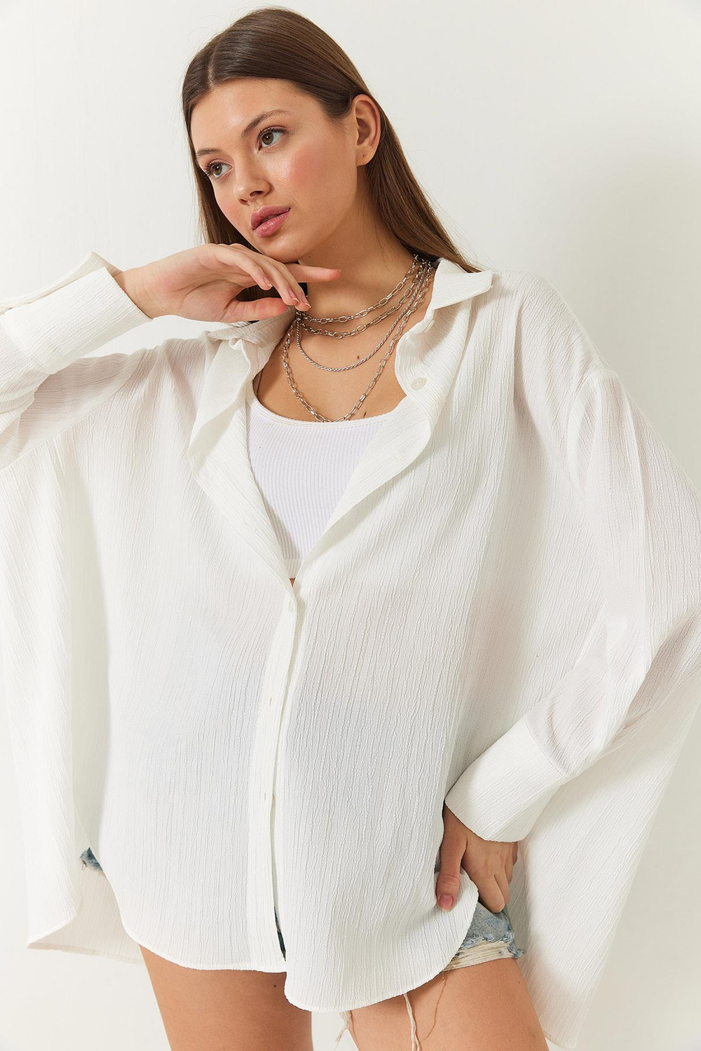 Kadın Düşük Omuz Oversize Basic Bürümcük Gömlek 60392 60271069 - Ekru