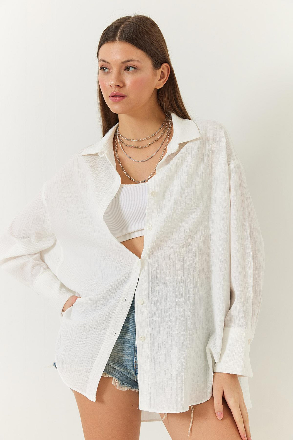 Kadın Düşük Omuz Oversize Basic Bürümcük Gömlek 60392 60271069 - Ekru