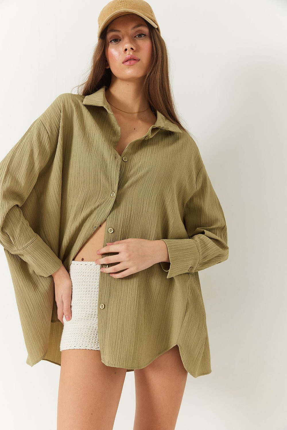 Kadın Düşük Omuz Oversize Basic Bürümcük Gömlek 60392 60271069 - Haki
