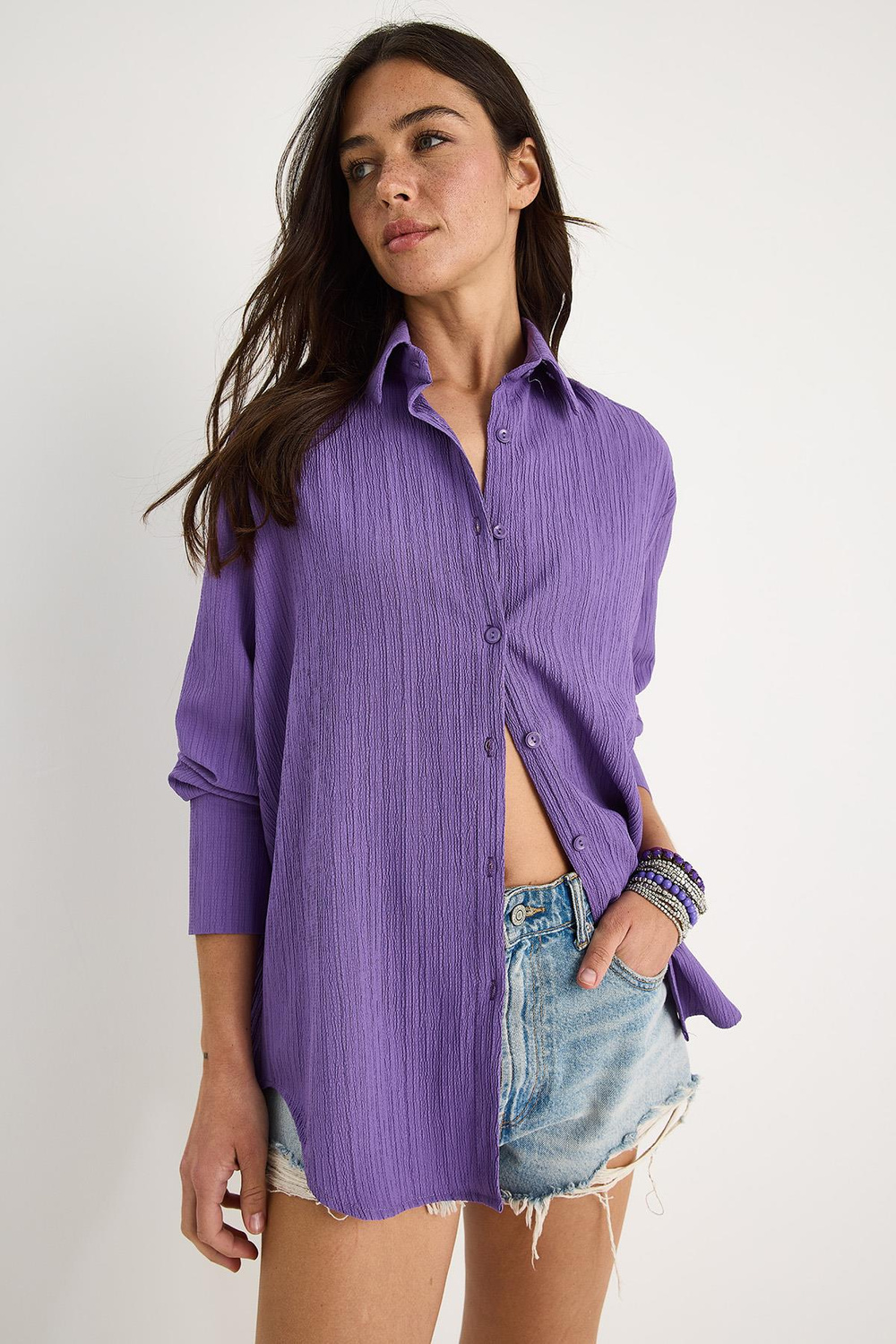 Kadın Düşük Omuz Oversize Basic Bürümcük Gömlek 60392 60271069 - Mor