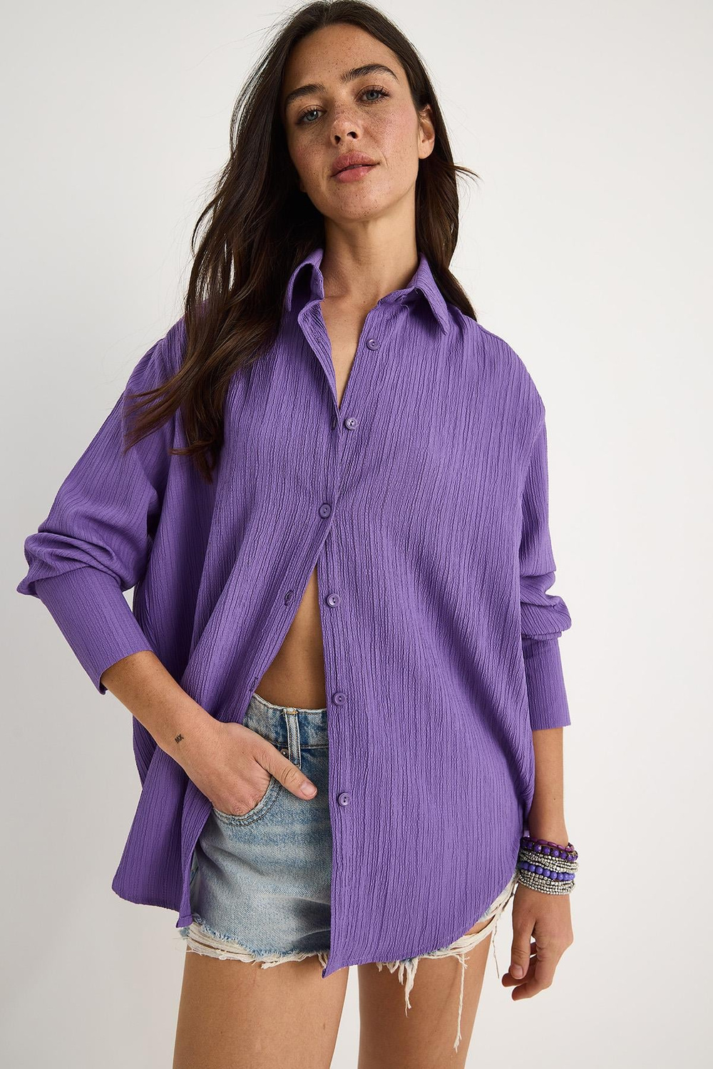 Kadın Düşük Omuz Oversize Basic Bürümcük Gömlek 60392 60271069 - Mor