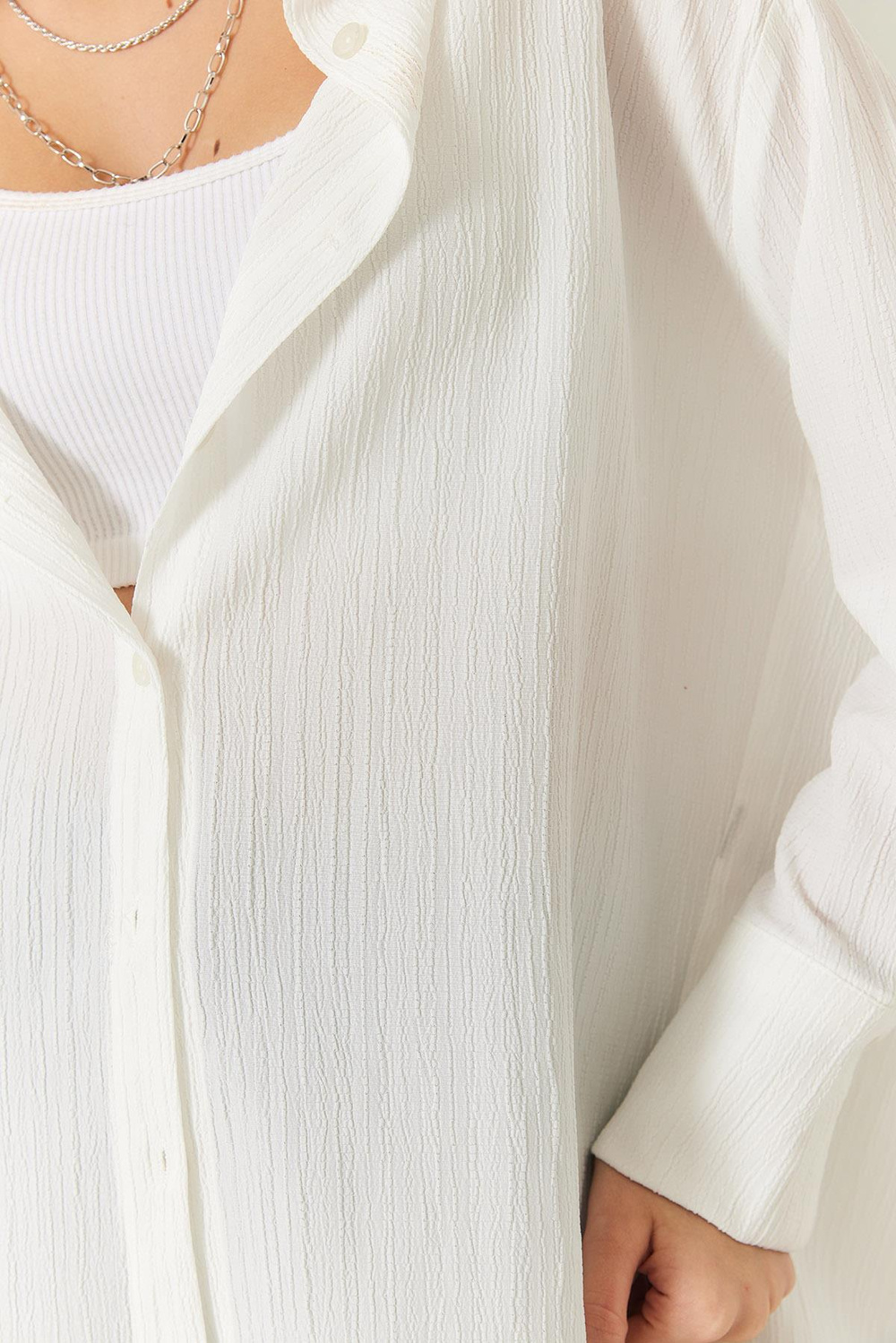 Kadın Düşük Omuz Oversize Basic Bürümcük Gömlek 60392 60271069 - Ekru