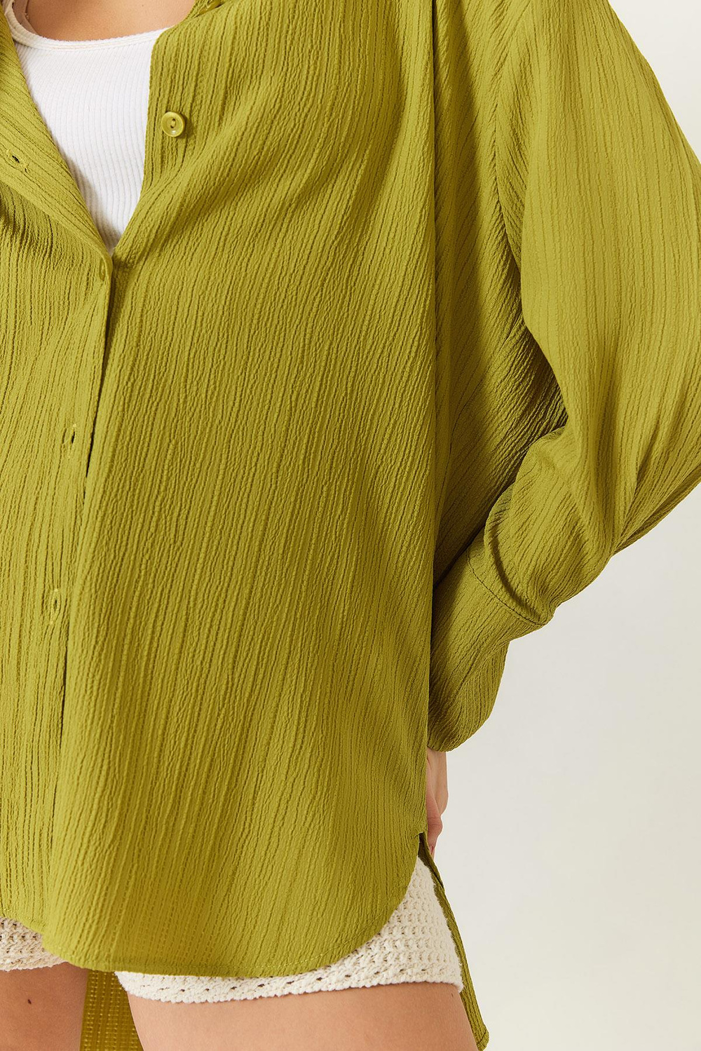 Kadın Düşük Omuz Oversize Basic Bürümcük Gömlek 60392 60271069 - Yağ Yeşili