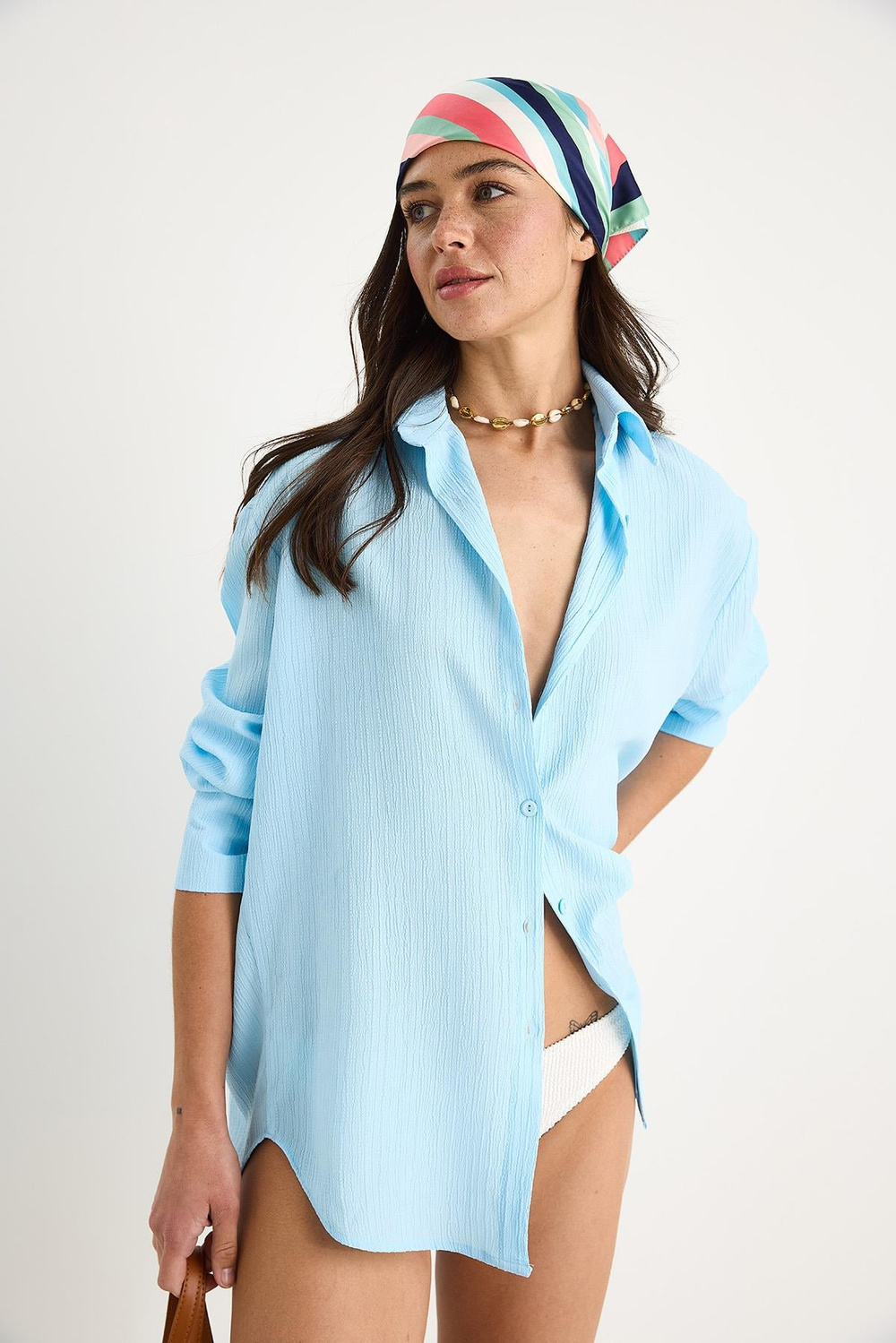 Kadın Düşük Omuz Oversize Basic Bürümcük Gömlek 60392 60271069 - Bebe Mavisi