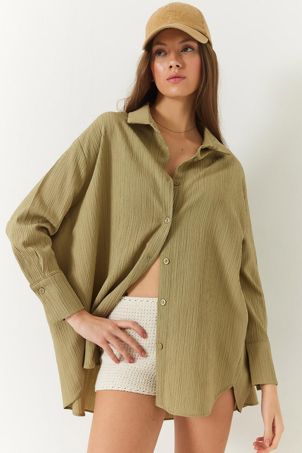 Kadın Düşük Omuz Oversize Basic Bürümcük Gömlek 60392 60271069 - Haki