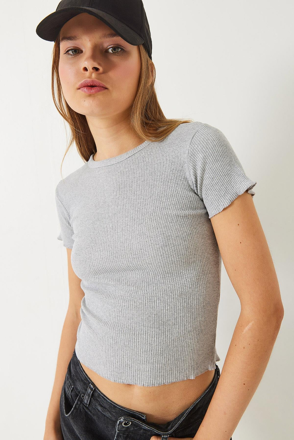 Kadın Fitilli Kaşkorse Basic T-Shirt 60261476 - Gri