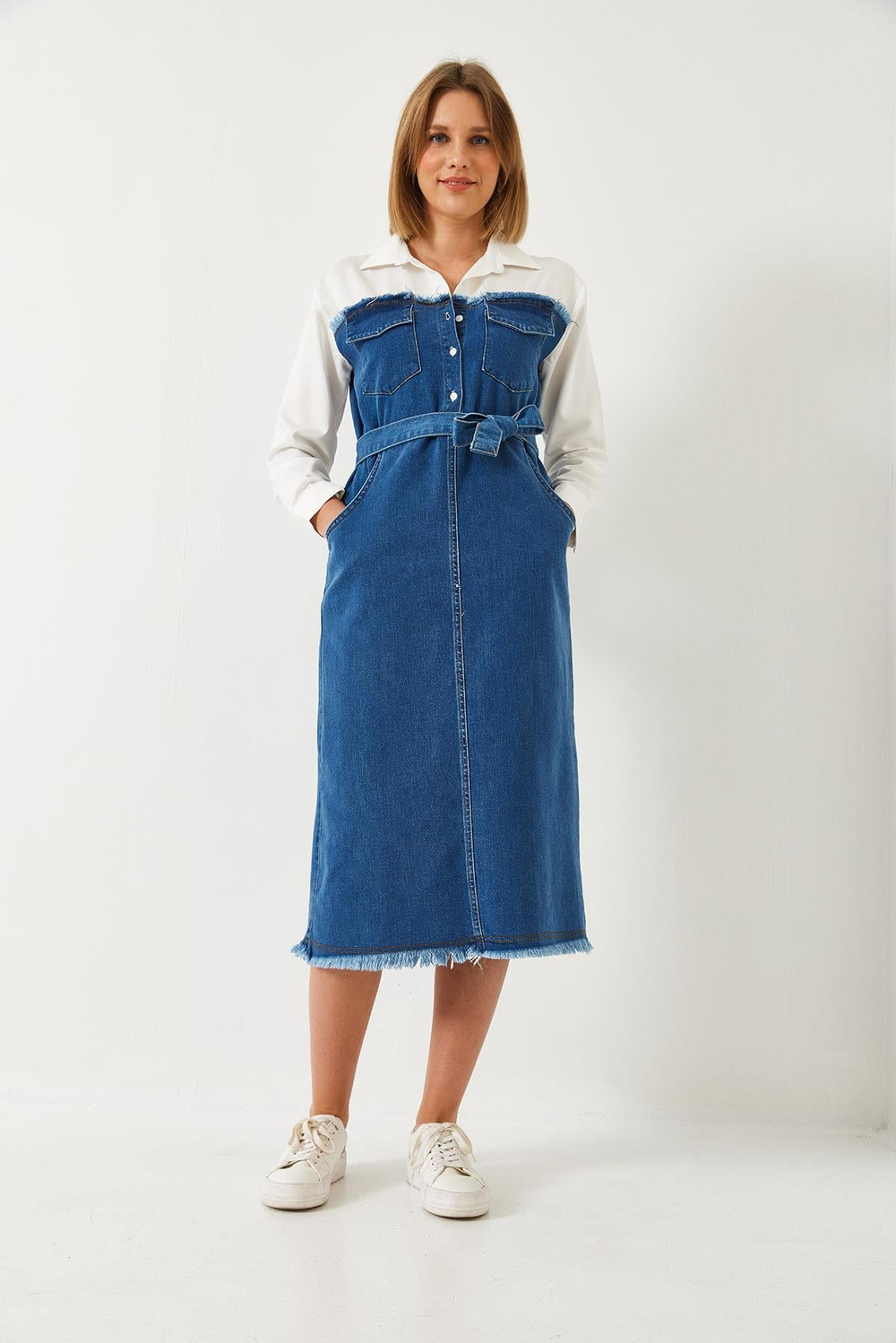 Kadın Gömlek Yaka Kemerli Denim Elbise 8171 60351337 - Beyaz