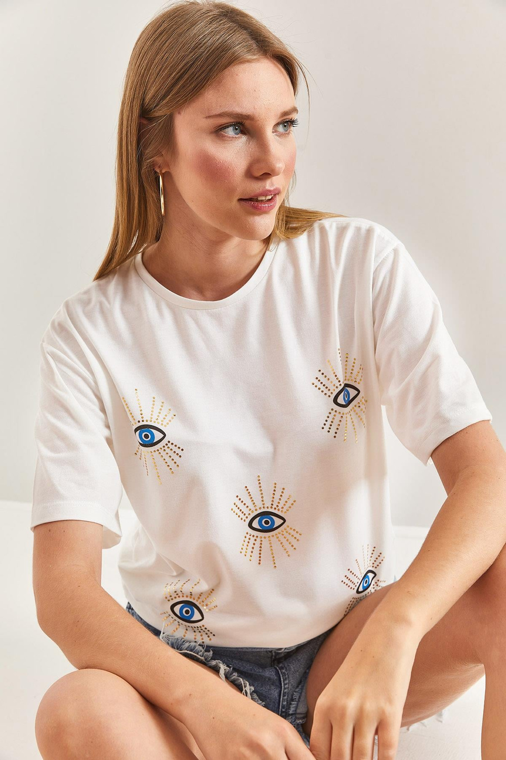 Kadın Göz Desenli Penye Tshirt 40851015 - Beyaz