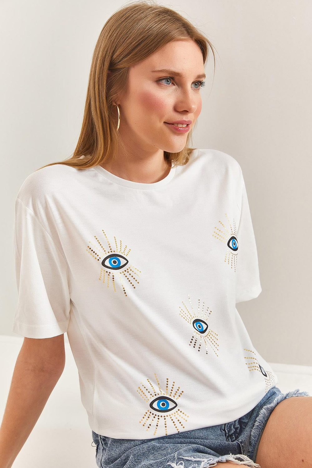 Kadın Göz Desenli Penye Tshirt 40851015 - Beyaz