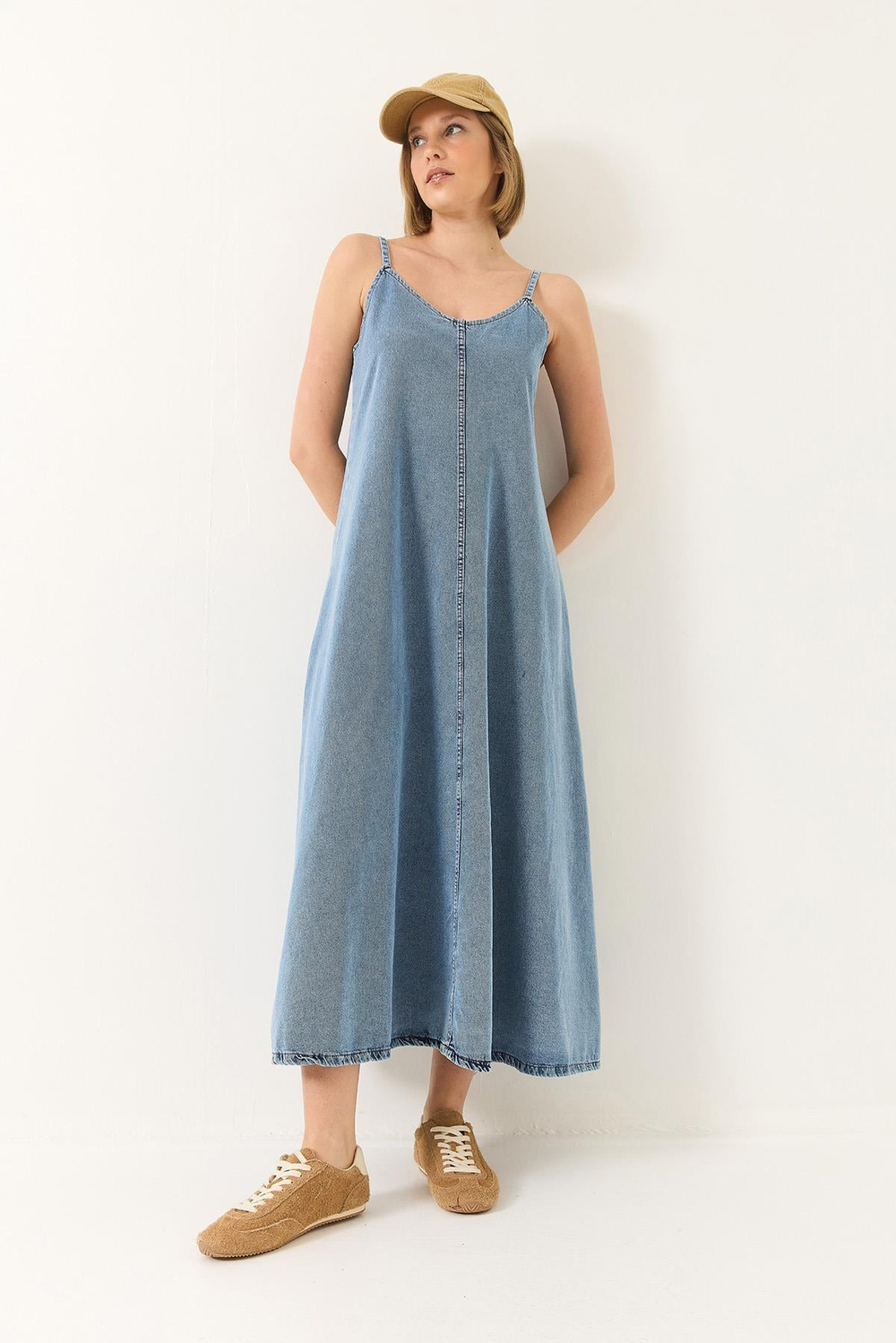 Kadın İnce Askılı Uzun Denim Elbise 6058 60281039 - Buz Mavisi