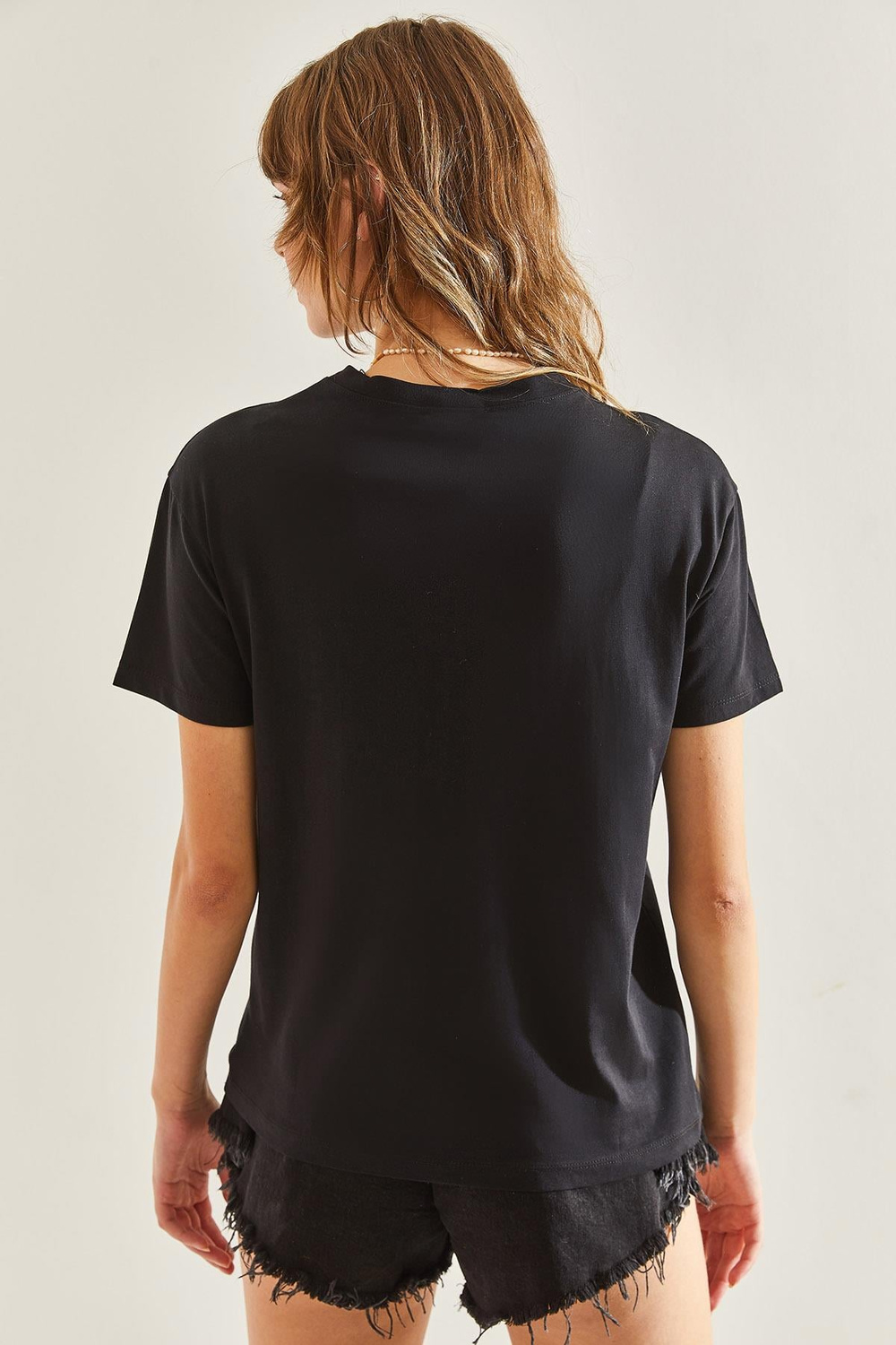 Kadın İnci Taş İşlemeli Penye Tshirt 60211009 - Siyah