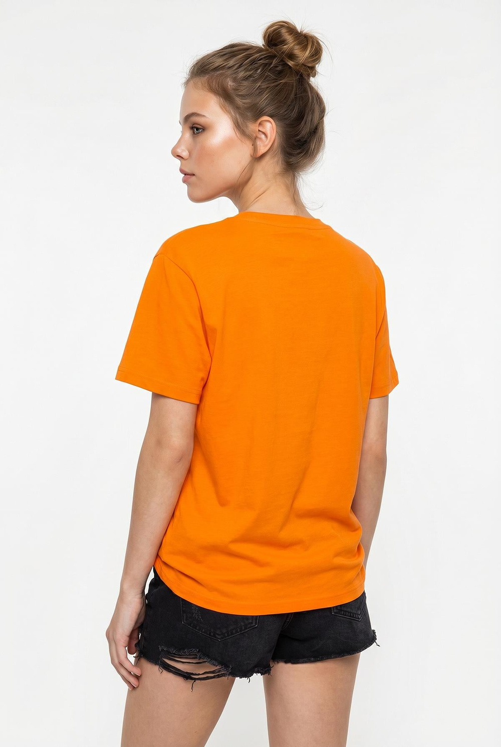 Kadın %100 Cotton Nakışlı Teddy Detaylı Bisiklet Yaka T-Shirt 60382610 - turuncu