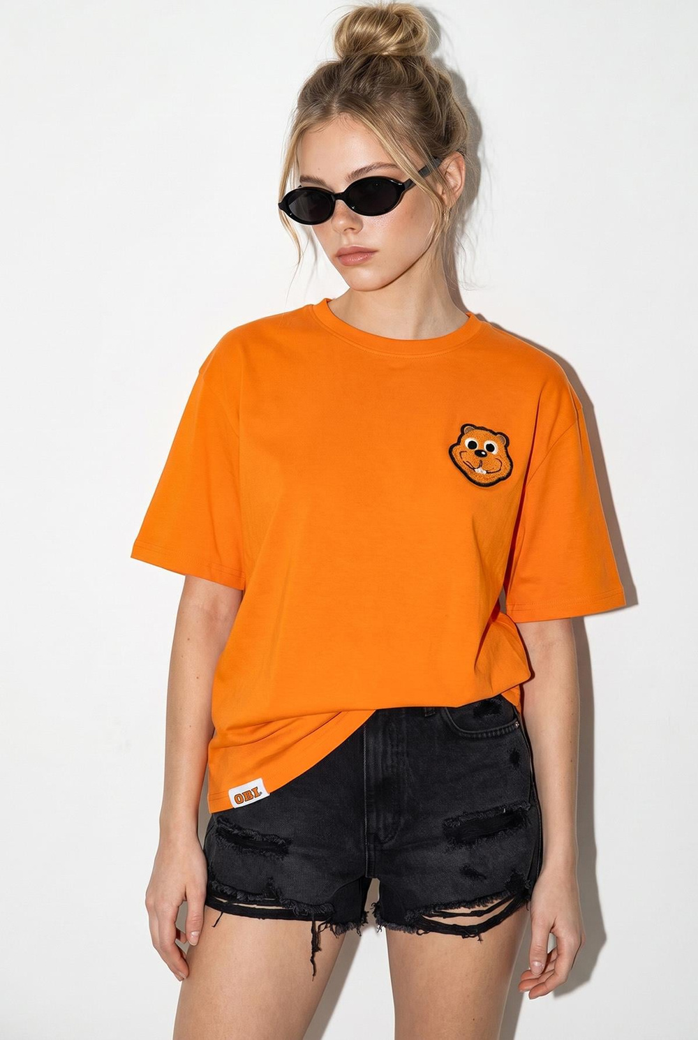 Kadın %100 Cotton Nakışlı Teddy Detaylı Bisiklet Yaka T-Shirt 60382610 - turuncu