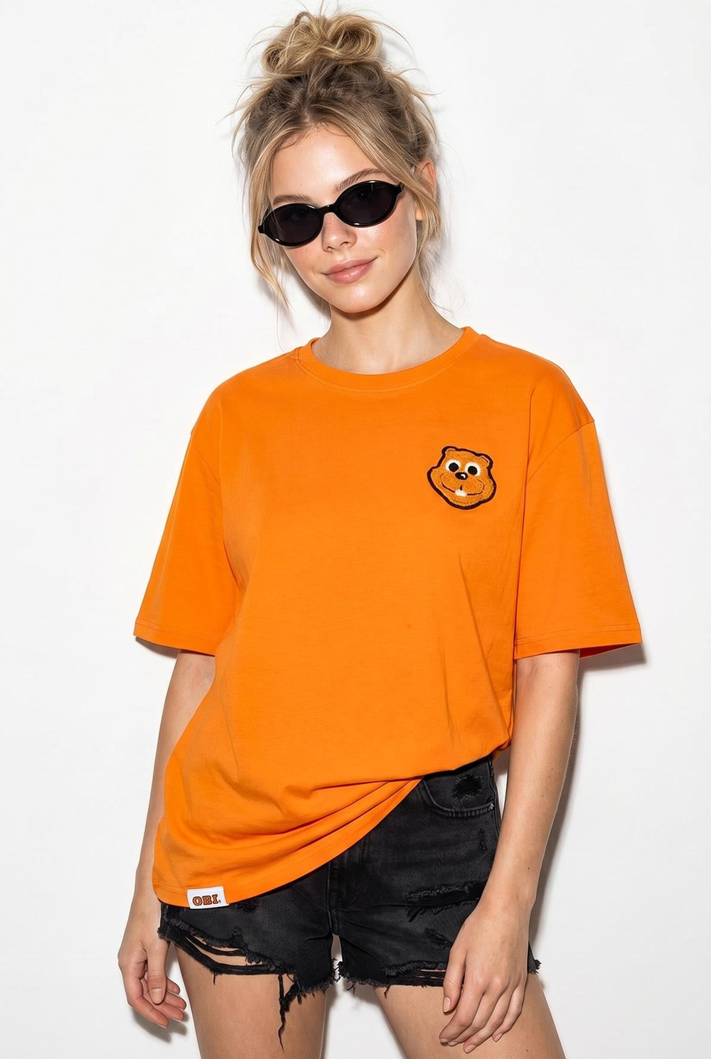 Kadın %100 Cotton Nakışlı Teddy Detaylı Bisiklet Yaka T-Shirt 60382610 - turuncu