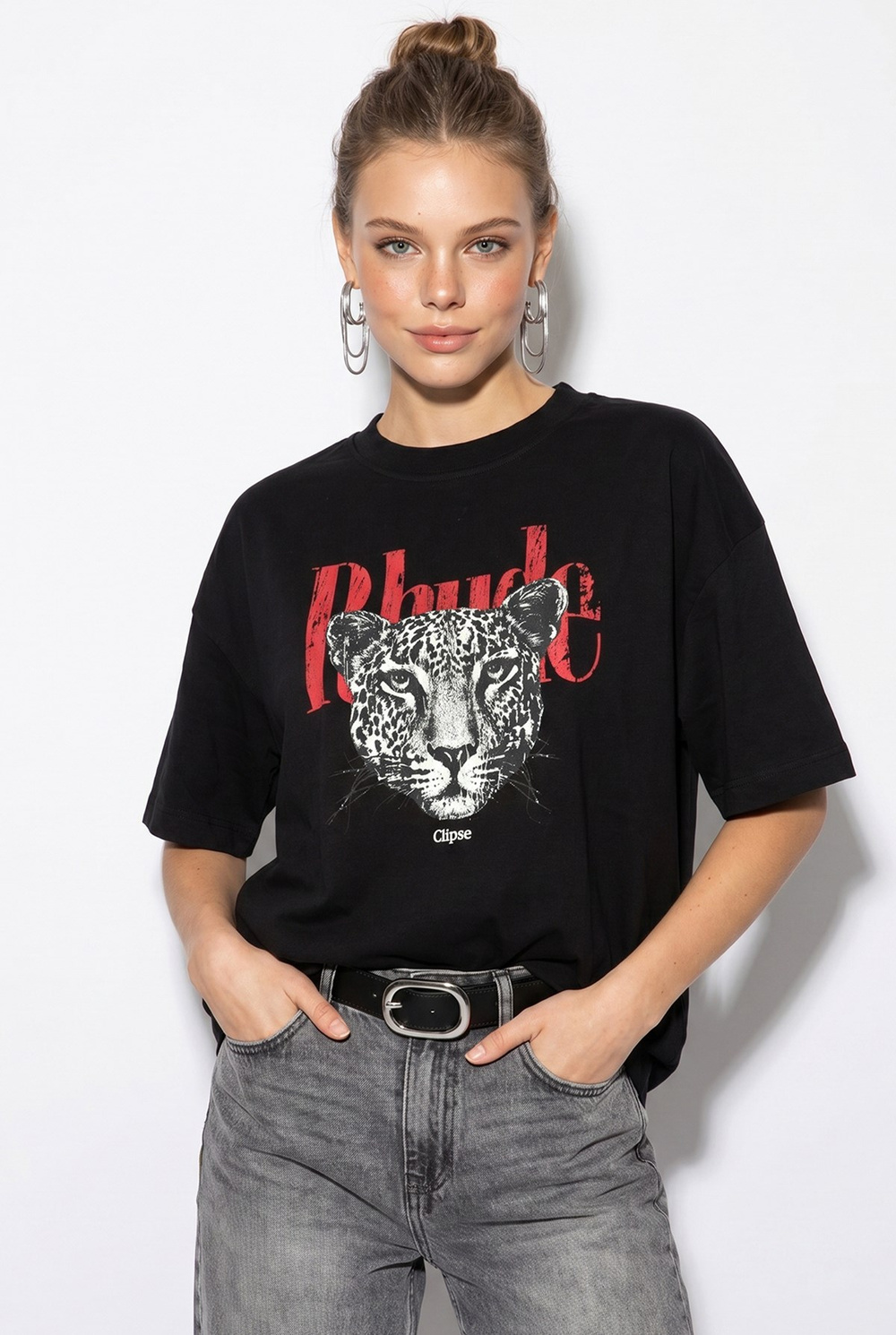Kadın %100 Pamuk Çita Baskılı Yazı Detaylı Oversize T-Shirt ÖT261063 60286379 - Siyah