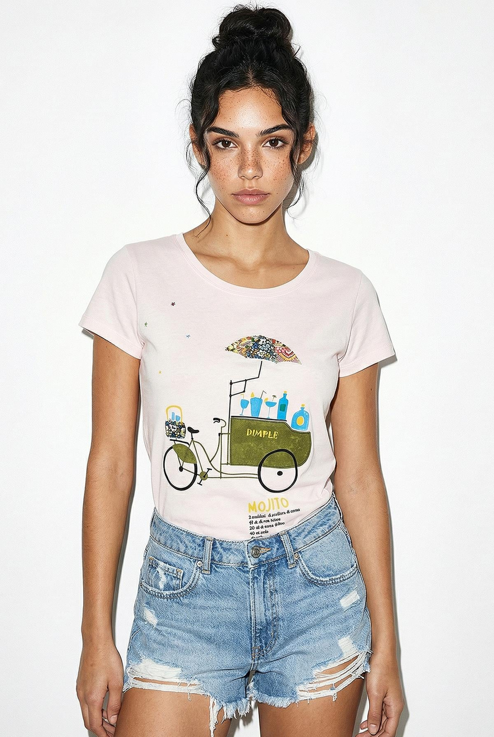 Kadın %100 Pamuk El İşi Nakışlı Bisiklet Baskılı Premium Tasarım T-Shirt 1002 60282047 - Toz Pembe