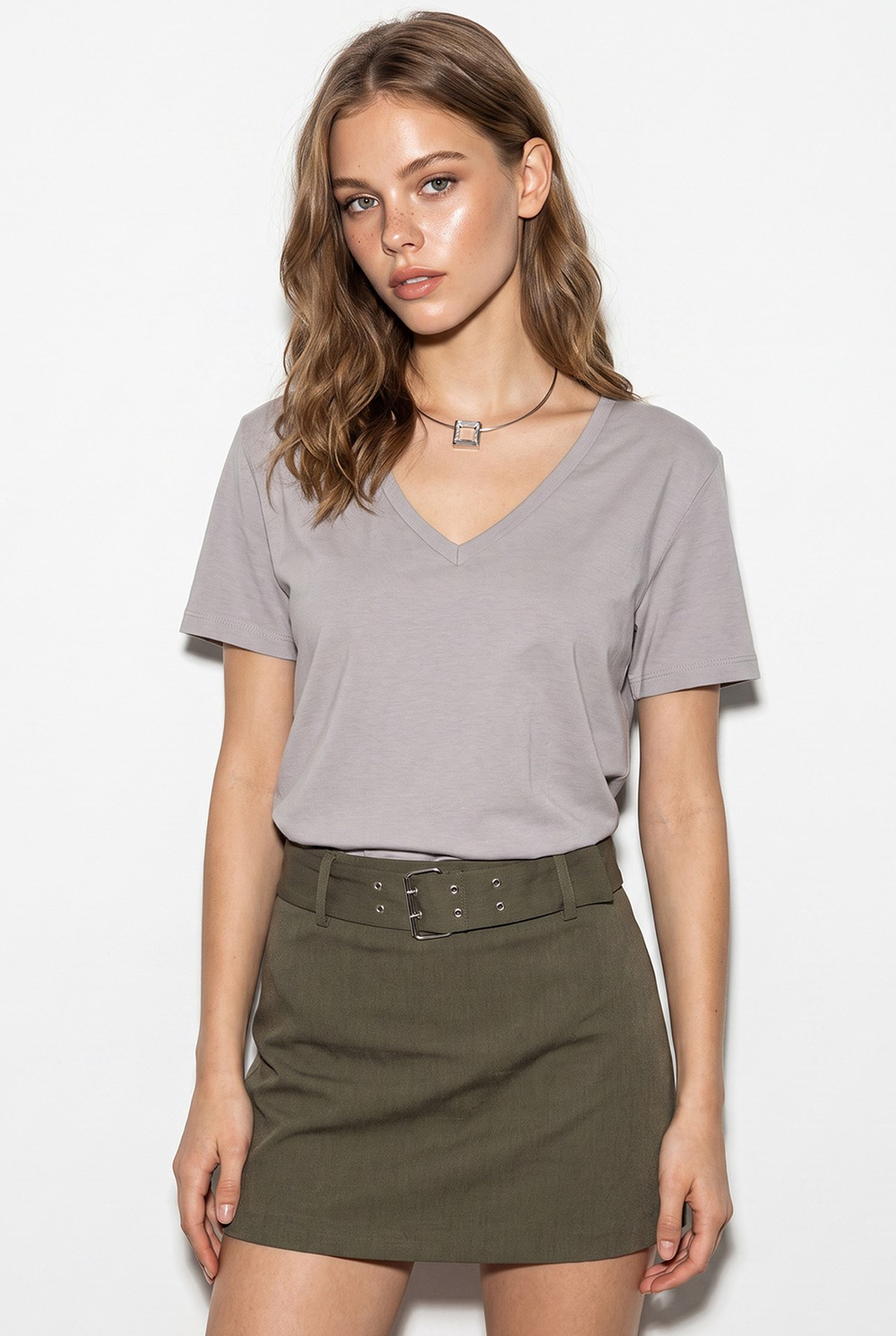 Kadın %100 Pamuk V Yaka Regular Fit T-Shirt 60382621 - Açık Vizon
