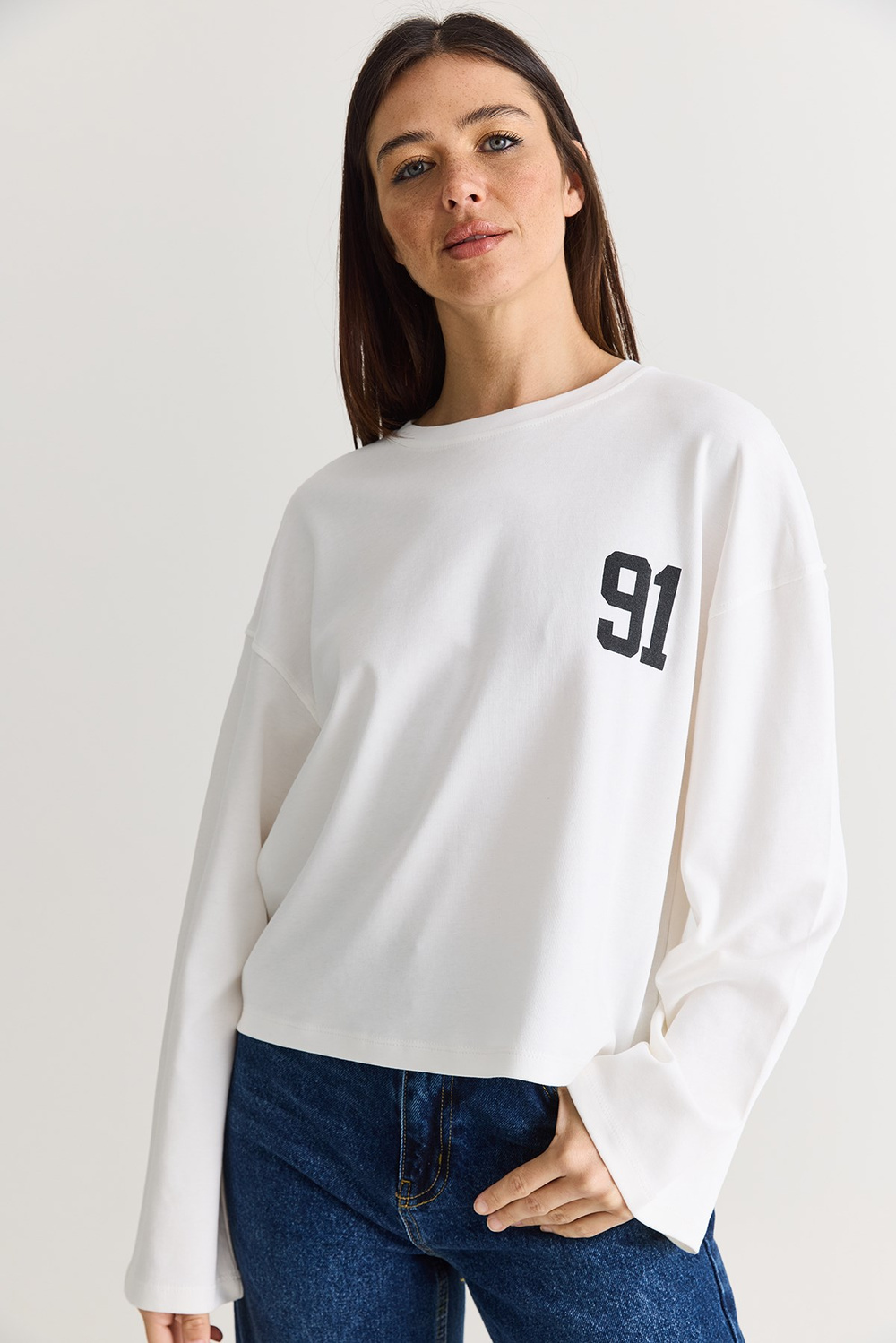 Kadın 91 Baskılı Oversize Uzun Kollu Modal T-Shirt 12470 60286559 - Beyaz