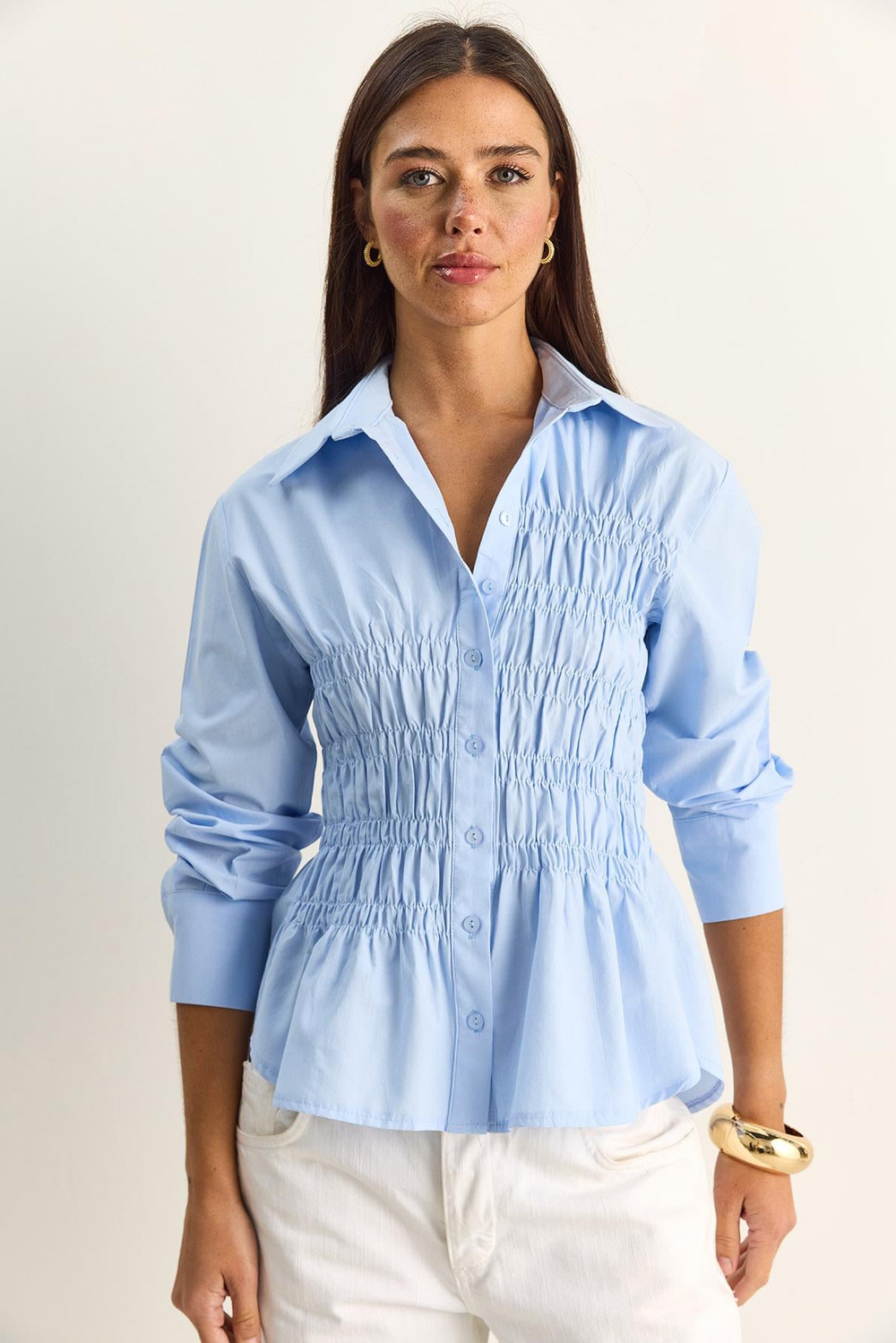 Kadın Asimetrik Büzgü Detaylı Lastikli Bel Formlu Düğmeli Poplin Gömlek 0998 60286161 - Bebe Mavisi