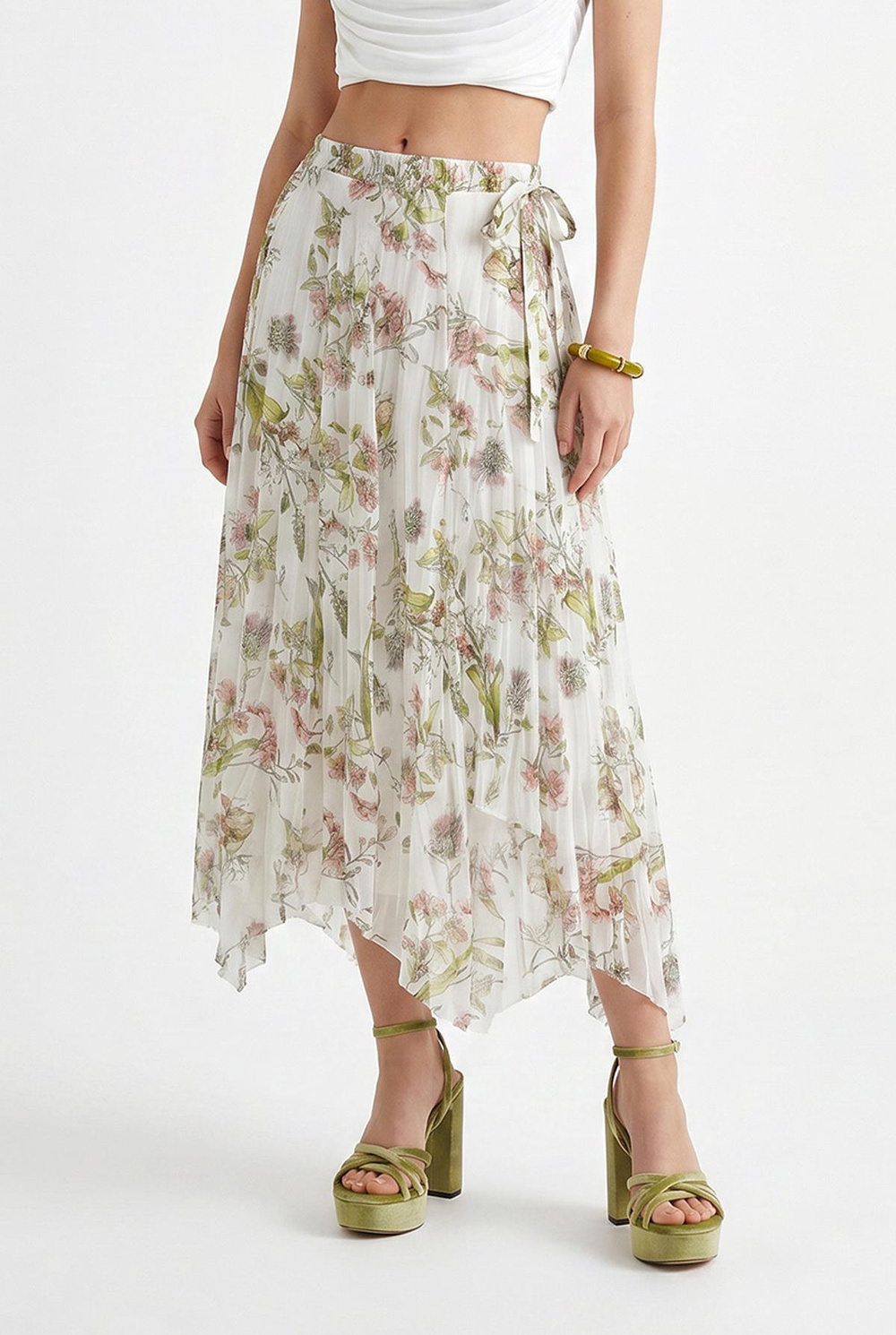 Kadın Astarlı Beli Lastikli Çiçek Desenli Asimetrik Kesim Crush Efektli Şifon Etek DE261070 60286229 - Yeşil