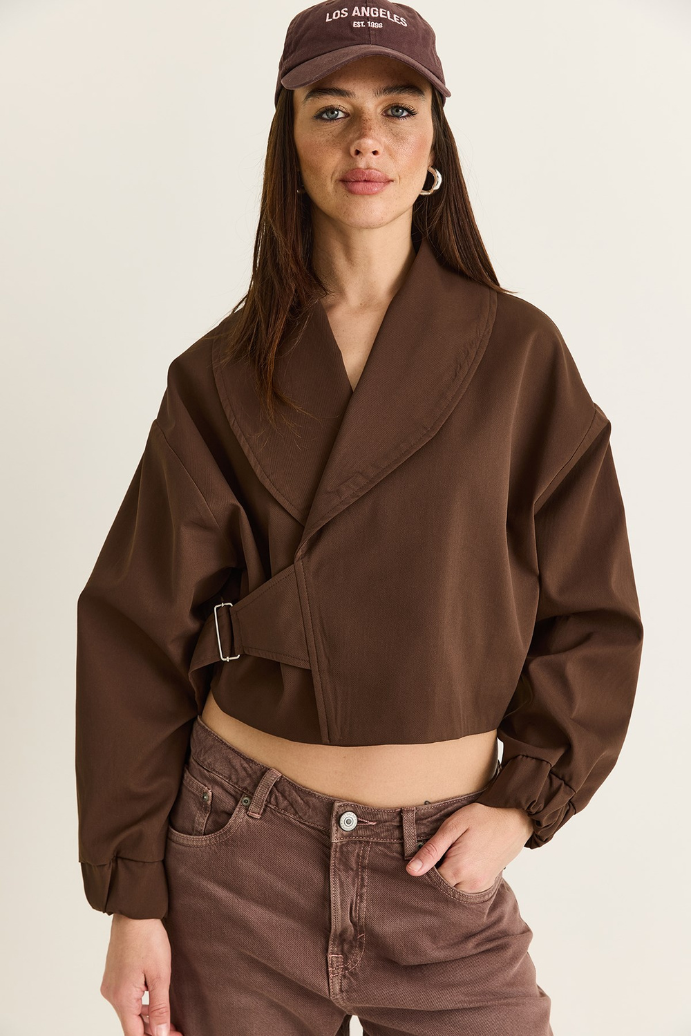 Kadın Astarlı Şal Yaka Kemer Detaylı Crop Oversize Trençkot 2825 60286547 - Kahverengi