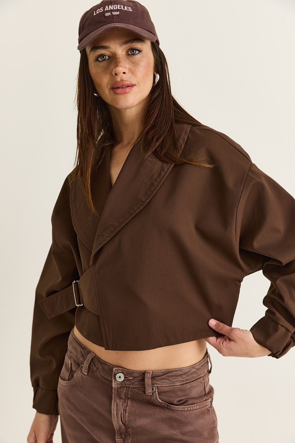Kadın Astarlı Şal Yaka Kemer Detaylı Crop Oversize Trençkot 2825 60286547 - Kahverengi