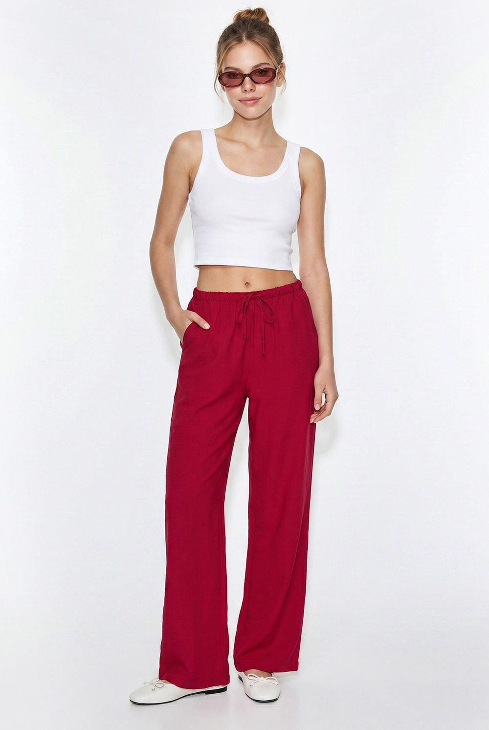 Kadın Ayrobin Kumaş Bel Lastikli Bağlamalı Cepli Bol Paça Pantolon 2306 60286389 - Fuşya