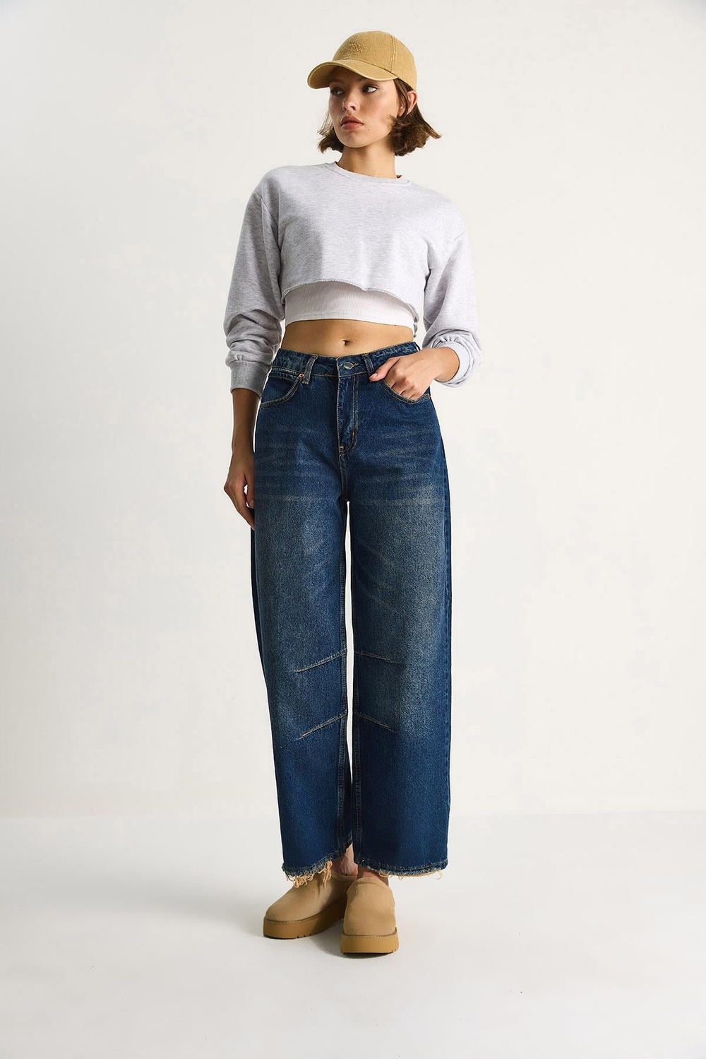 Kadın Baggy Fit Yüksek Bel Düz Paça Denim Pantolon 5287 60284108 - Lacivert