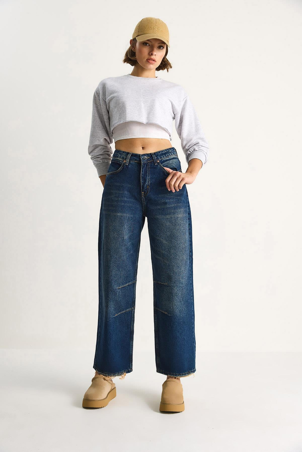 Kadın Baggy Fit Yüksek Bel Düz Paça Denim Pantolon 5287 60284108 - Lacivert