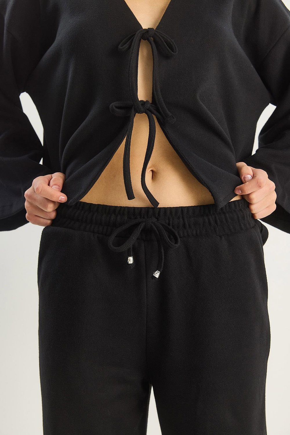 Kadın Bağlama Detaylı Kimono Yüksek Bel Bol Pantolon Selanik Takım 7028 60283640 - Siyah
