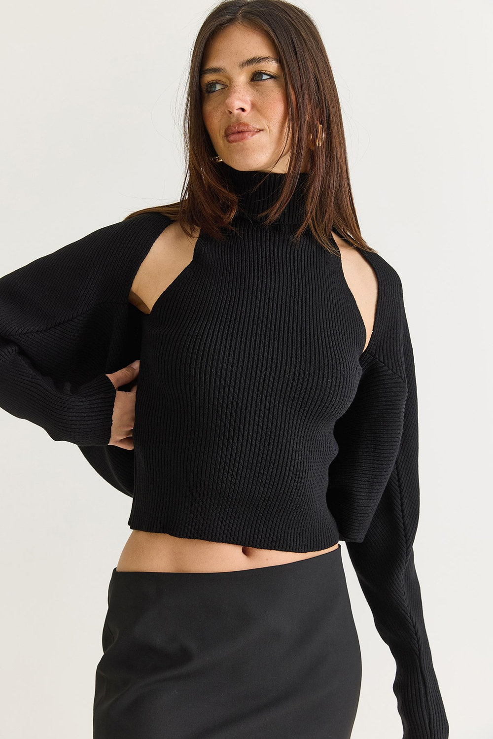 Kadın Balıkçı Yaka Kolsuz Triko Bluz ve Bolero Takım TT261010 60286560 - Siyah