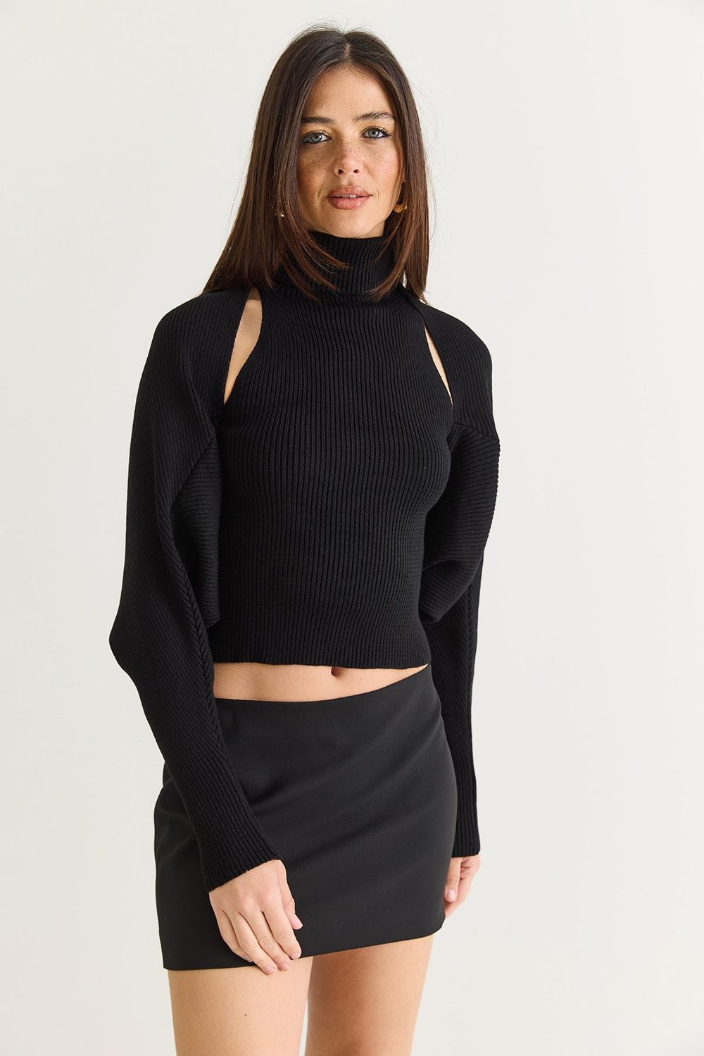 Kadın Balıkçı Yaka Kolsuz Triko Bluz ve Bolero Takım TT261010 60286560 - Siyah