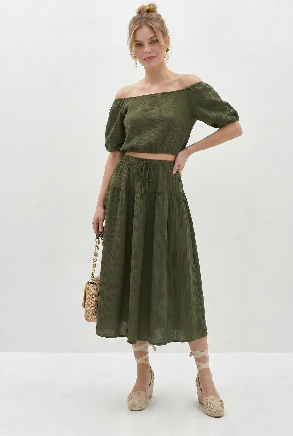 Kadın Balon Kollu Crop Bluz Bağlama Detaylı Pamuklu Müslin Etek Takım YC2728 60286287 - Yeşil