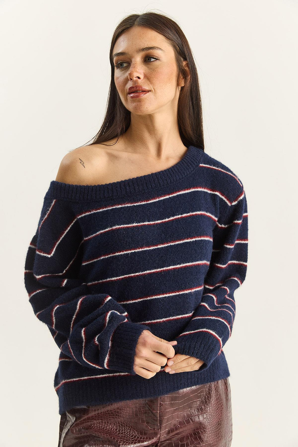 Kadın Bardot Yaka Çizgili Oversize Triko Kazak 2570 60283876 - Lacivert-Bordo
