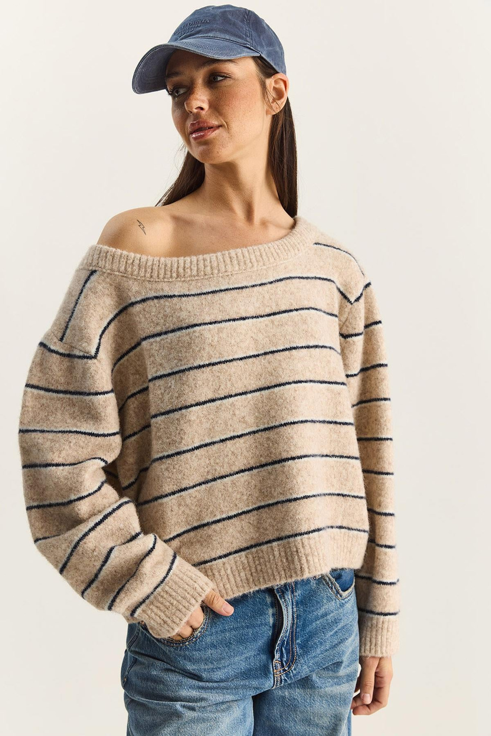Kadın Bardot Yaka Çizgili Oversize Triko Kazak 2570 60283876 - Bej-Lacivert