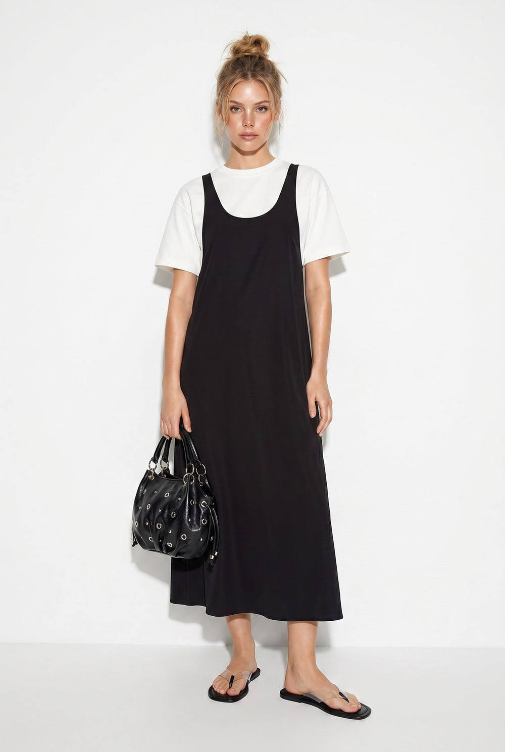 Kadın Basic T-Shirt Detaylı Askılı A Kesim Maxi Elbise 3598 60286360 - Siyah