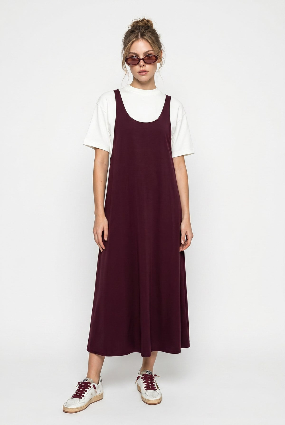 Kadın Basic T-Shirt Detaylı Askılı A Kesim Maxi Elbise 3598 60286360 - Mürdüm