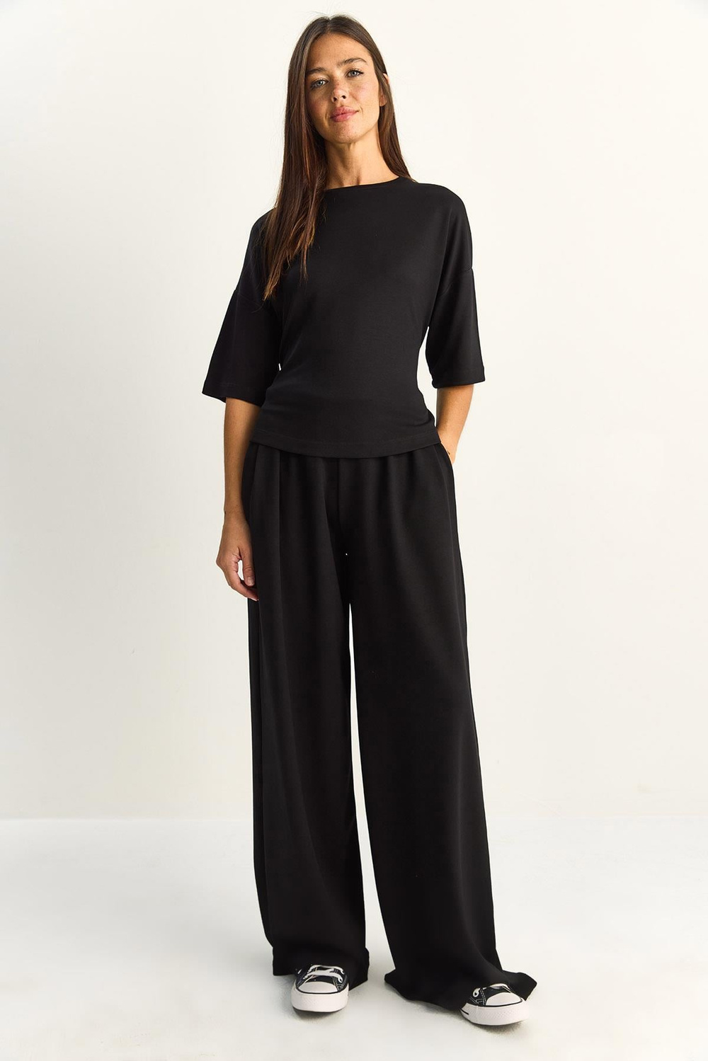 Kadın Belden Bağlamalı Basic T-Shirt Bol Paça Pantolon Alt-Üst Modal Takım 4114 60286087 - Siyah
