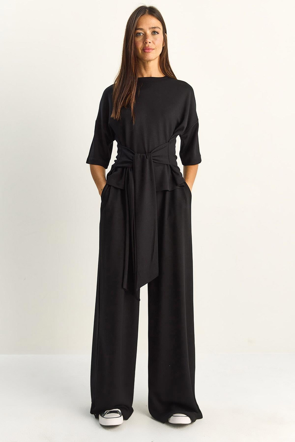 Kadın Belden Bağlamalı Basic T-Shirt Bol Paça Pantolon Alt-Üst Modal Takım 4114 60286087 - Siyah