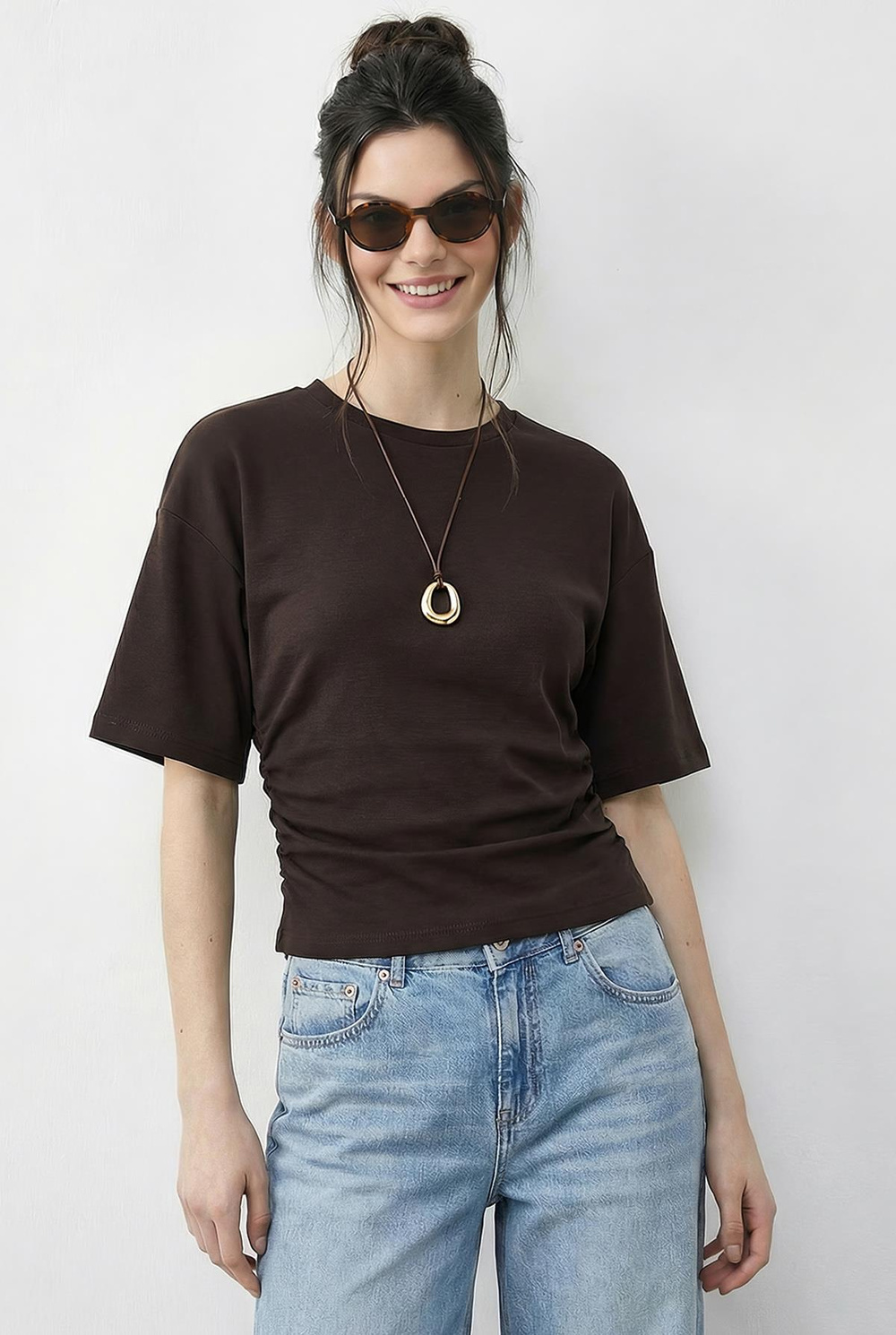 Kadın Beli Büzgülü Bisiklet Yaka T-Shirt ÖT261003 60283996 - Acı Kahve