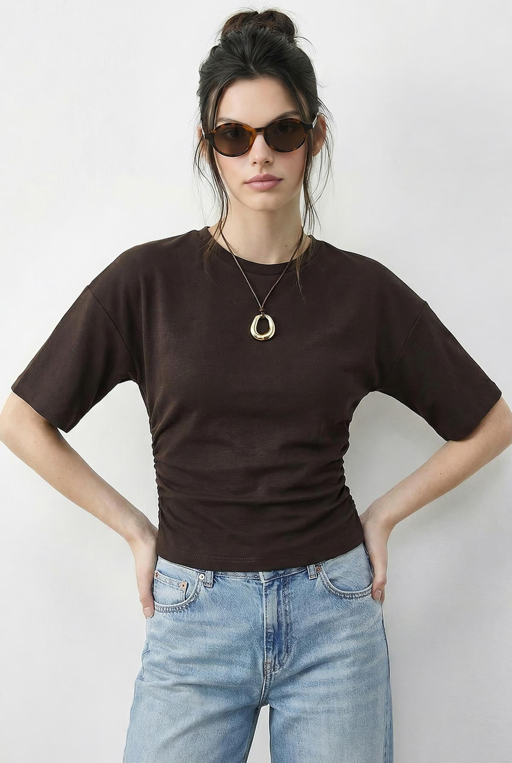 Kadın Beli Büzgülü Bisiklet Yaka T-Shirt ÖT261003 60283996 - Acı Kahve