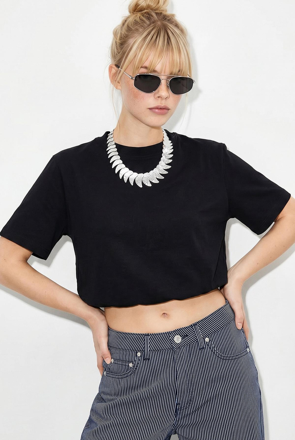Kadın Beli Lastikli Balon Formlu Crop T-Shirt 1104 60286251 - Siyah
